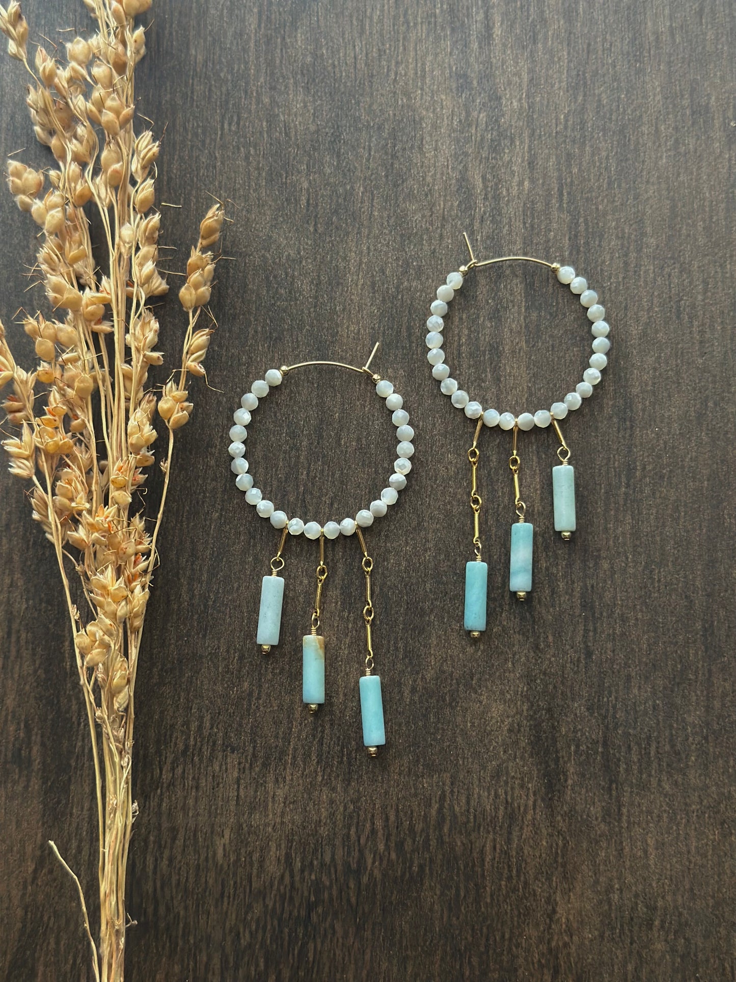Mother of Pearl & Amazonite Fringe Hoops