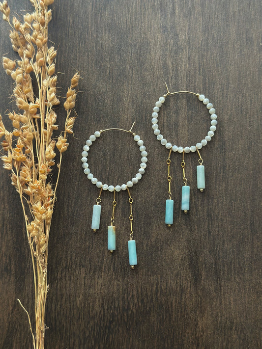 Mother of Pearl & Amazonite Fringe Hoops