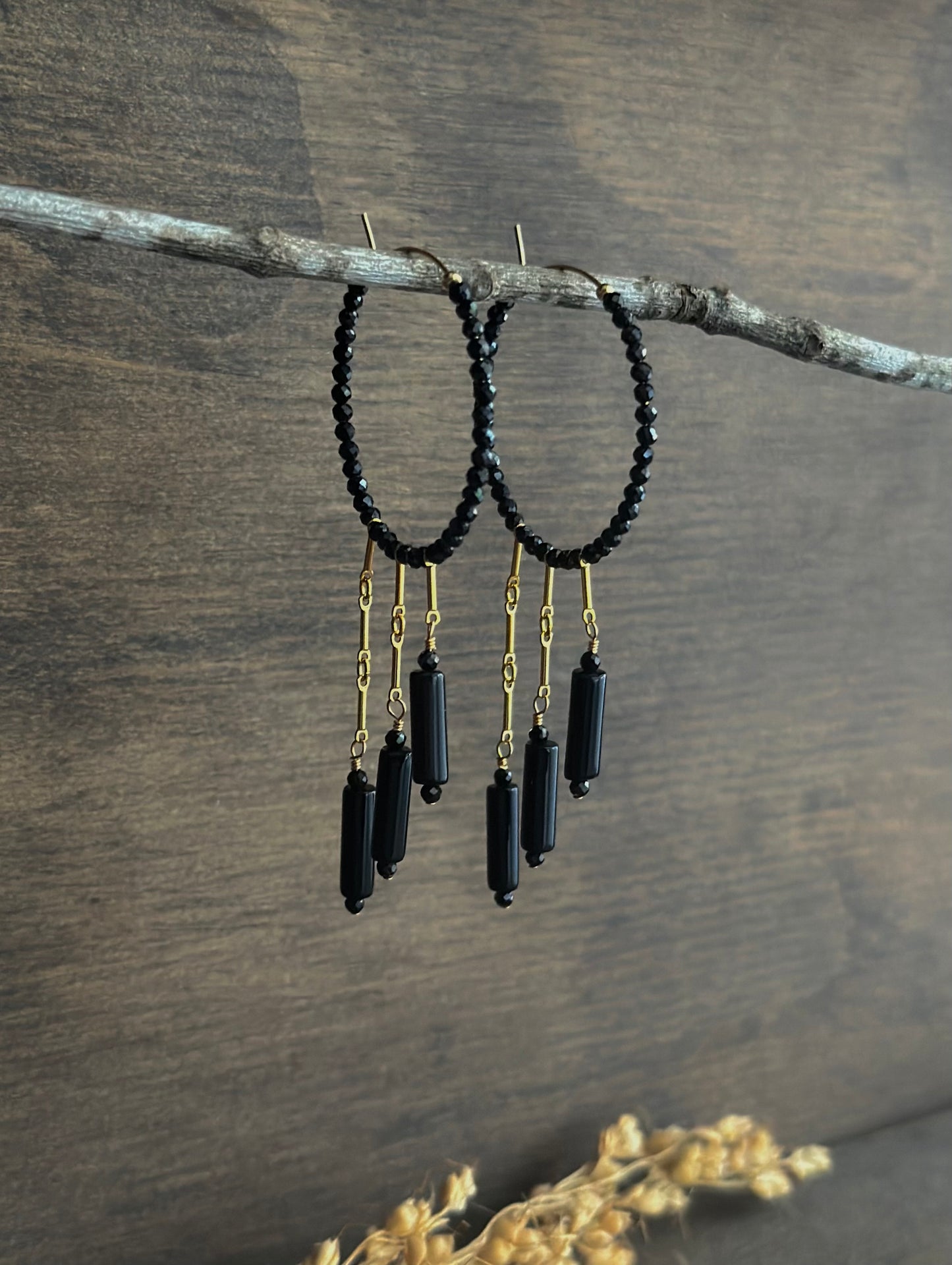 Black Spinel & Onyx Fringe Hoops