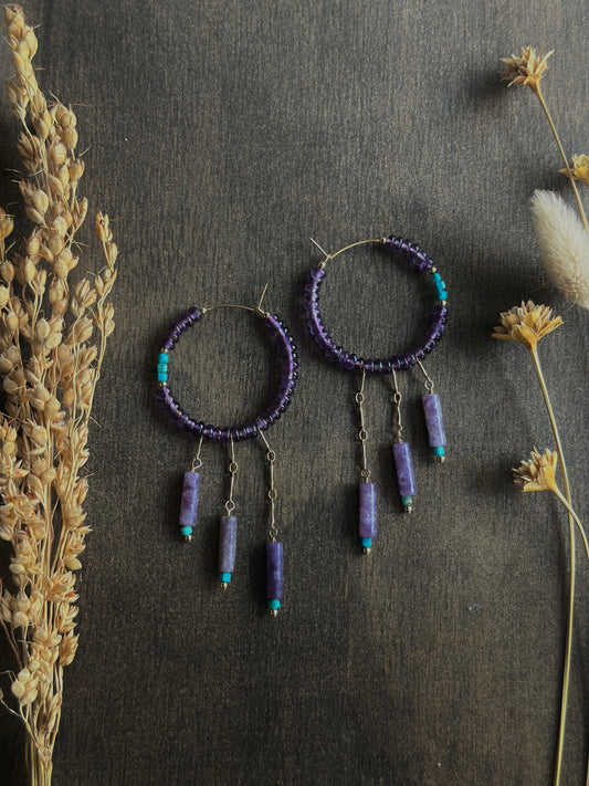 Amethyst & Turquoise Fringe Hoops