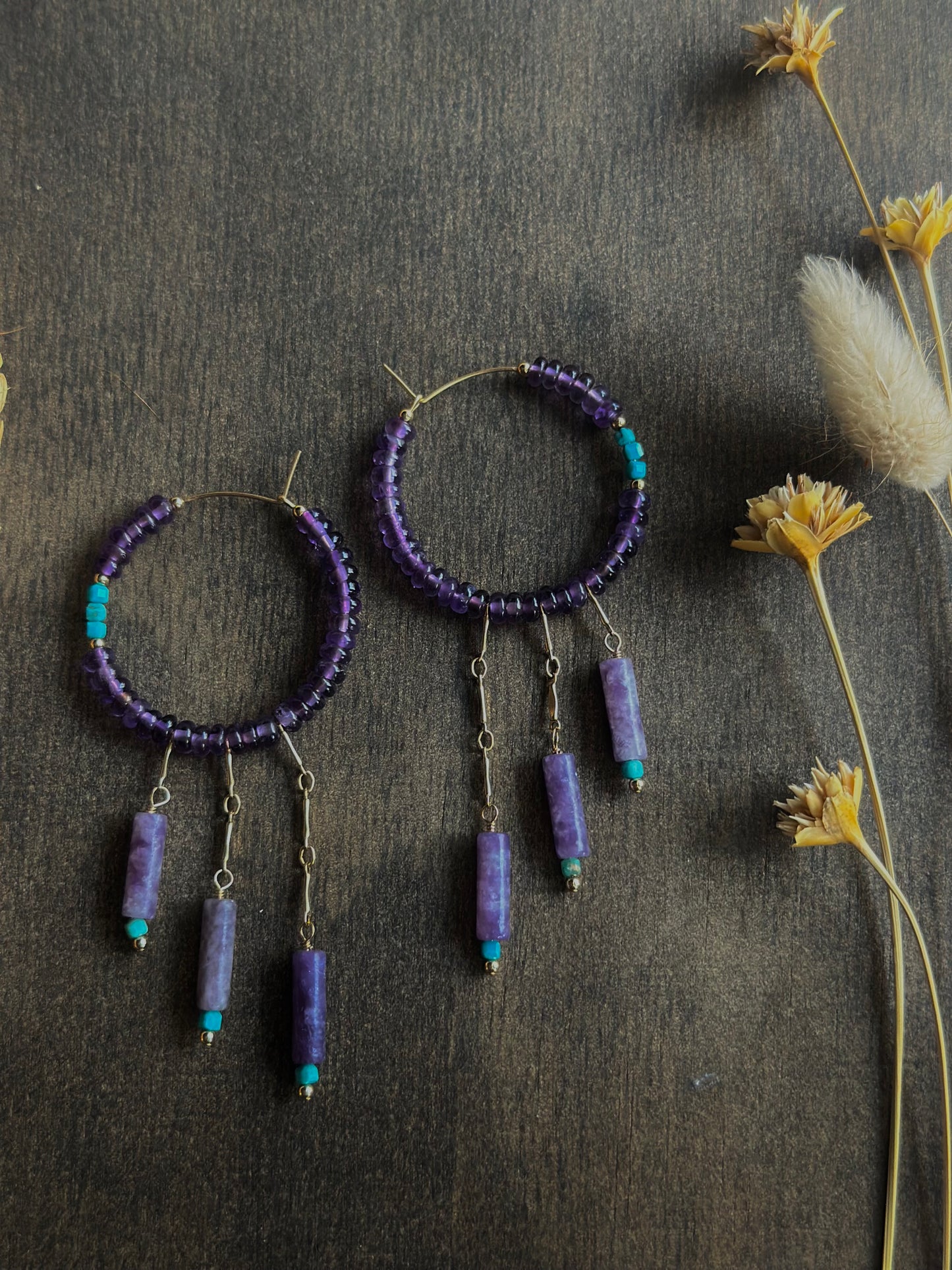 Amethyst & Turquoise Fringe Hoops