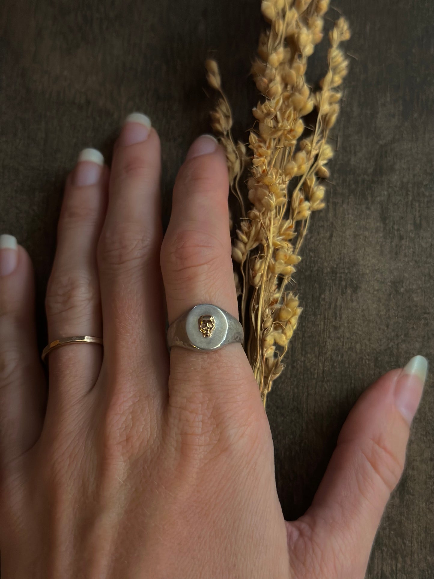 Yellow Gold Skull Signet Ring - Size 5