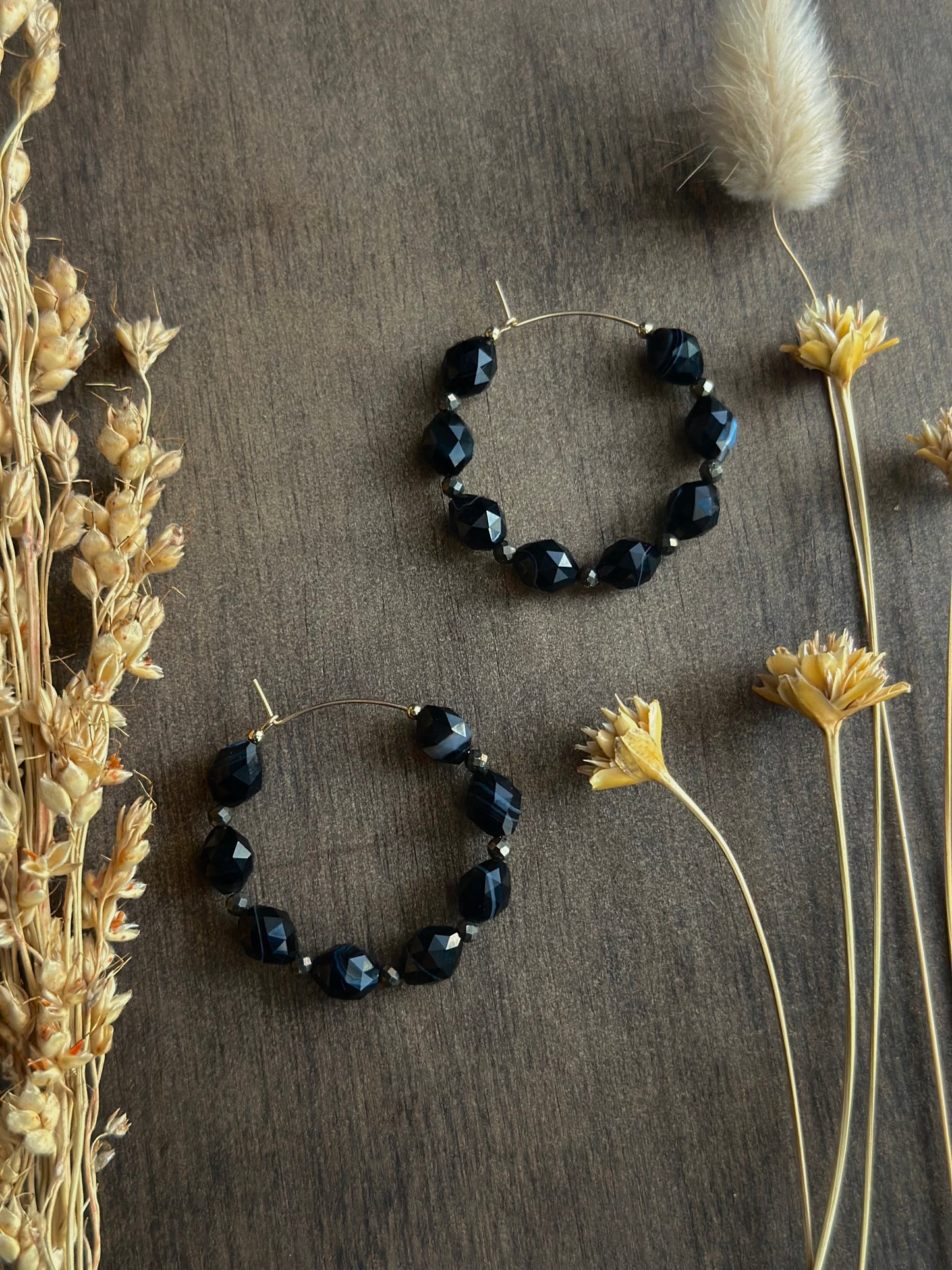 Black Sardonyx & Pyrite Hoop Earrings