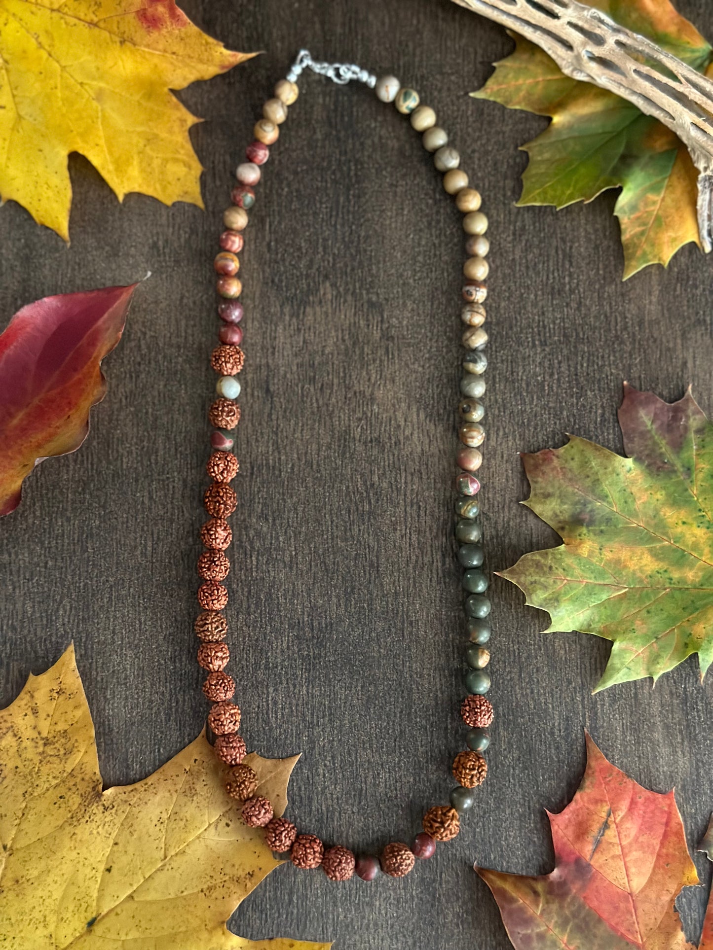 Red Creek Jasper & Rudraksha Seed Necklace