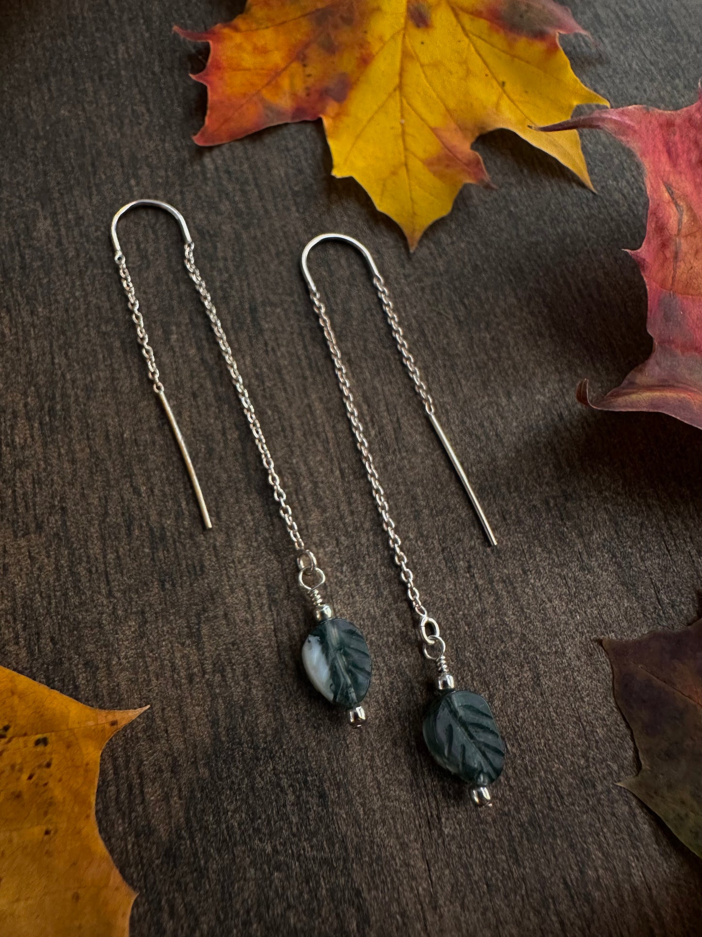 Moss Agate Threader Earrings