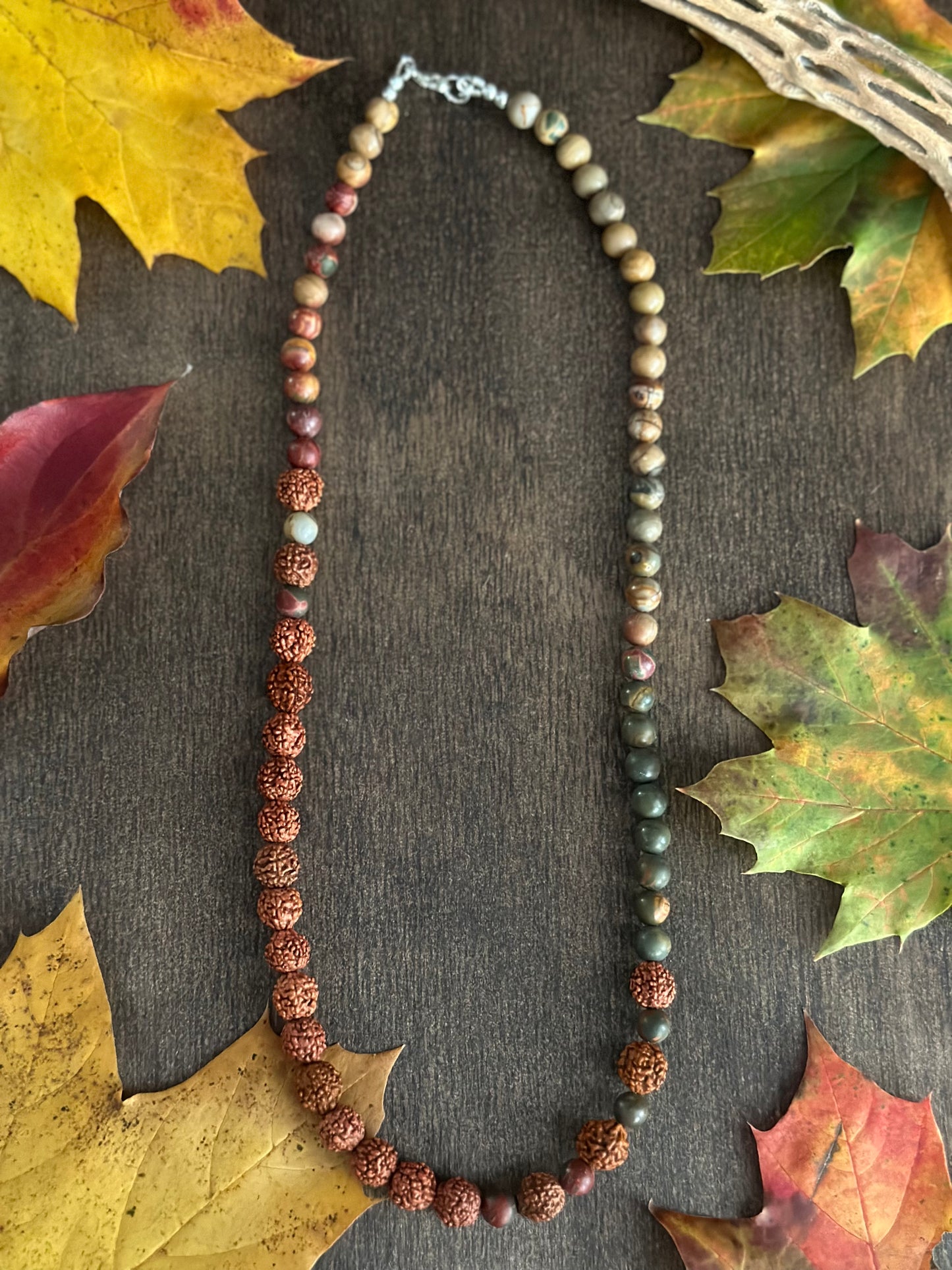 Red Creek Jasper & Rudraksha Seed Necklace