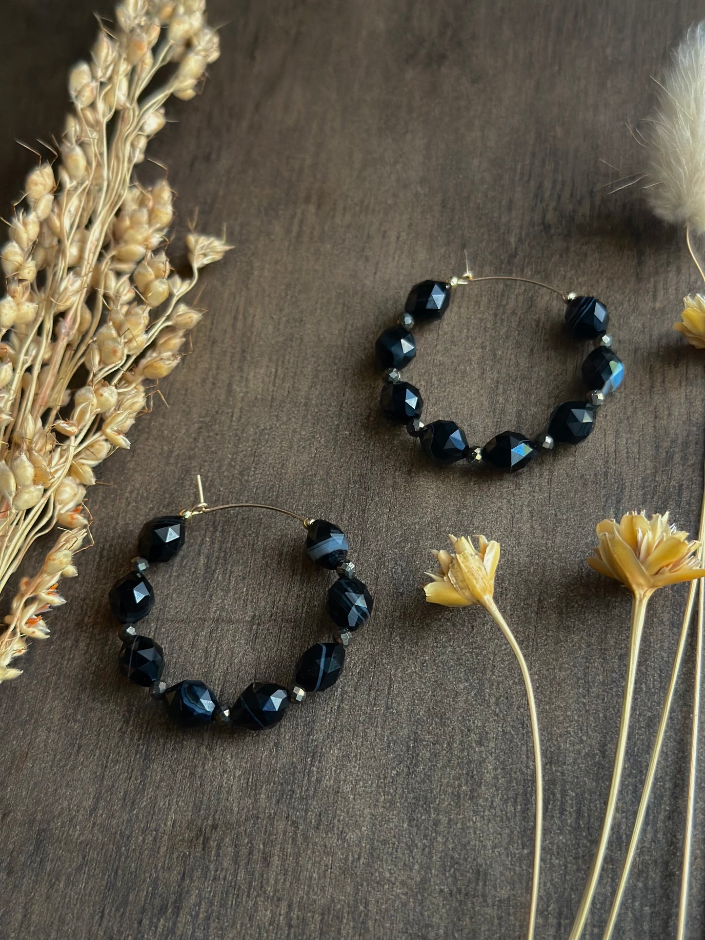 Black Sardonyx & Pyrite Hoop Earrings