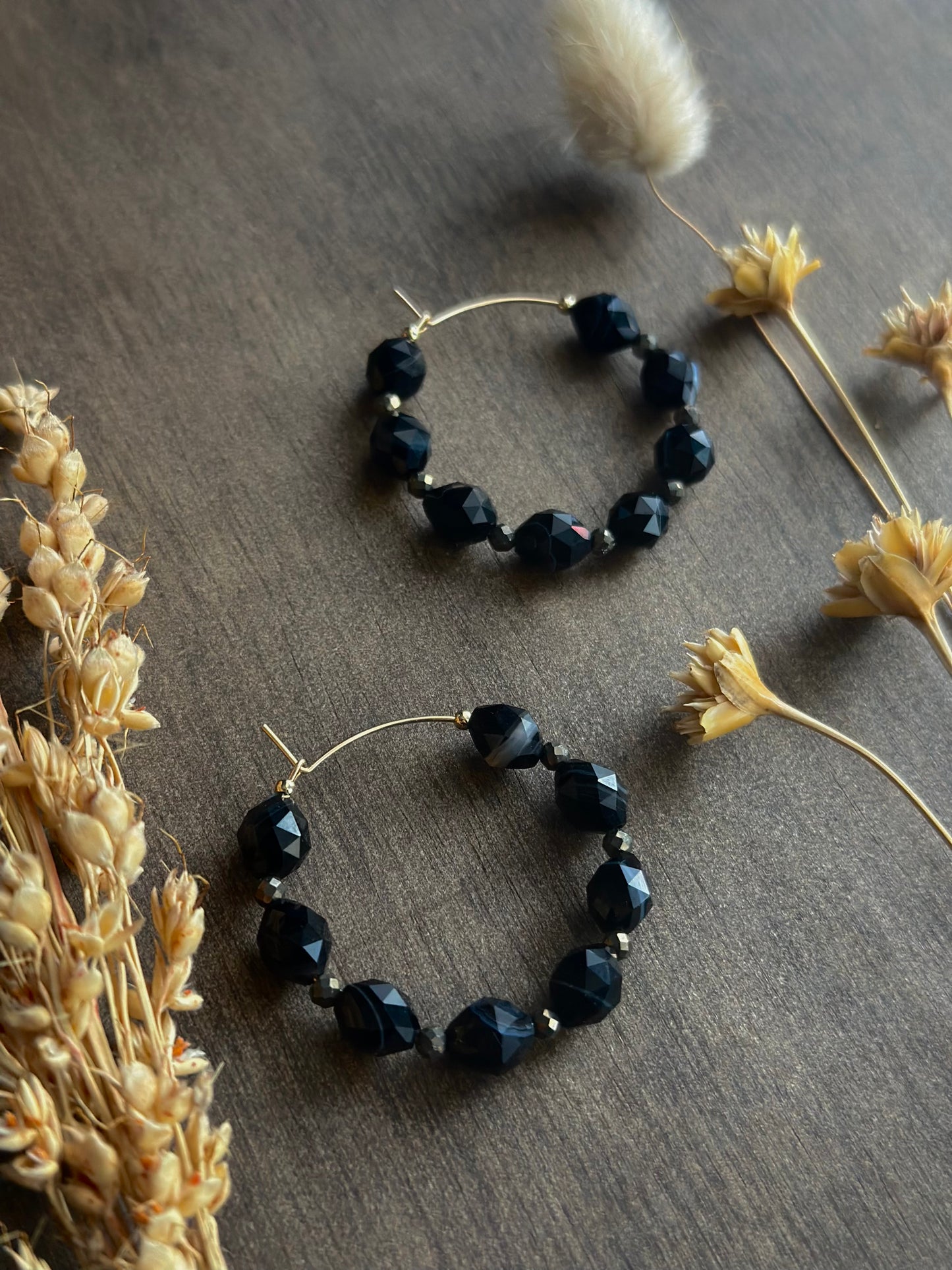 Black Sardonyx & Pyrite Hoop Earrings