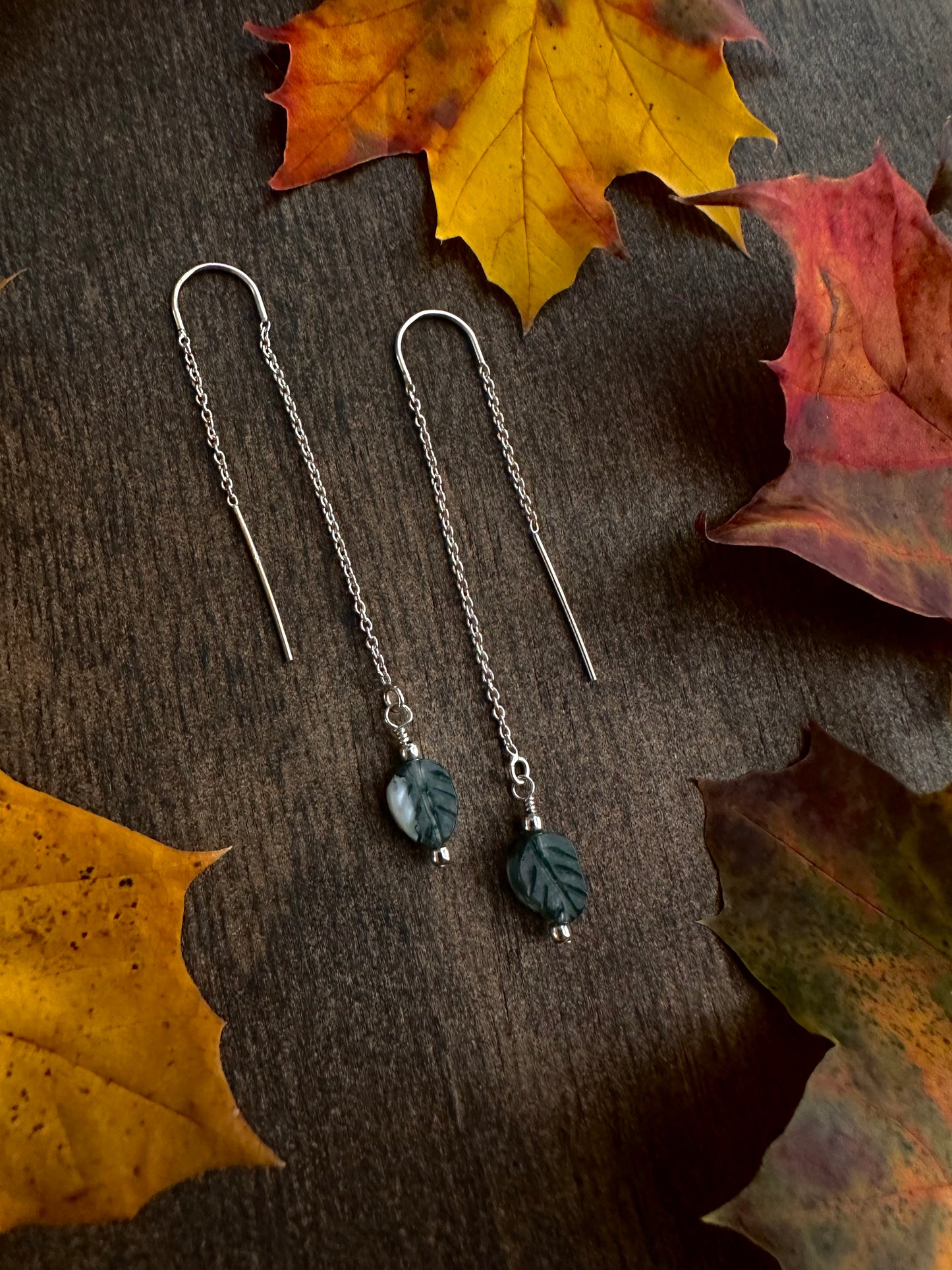 Moss Agate Threader Earrings