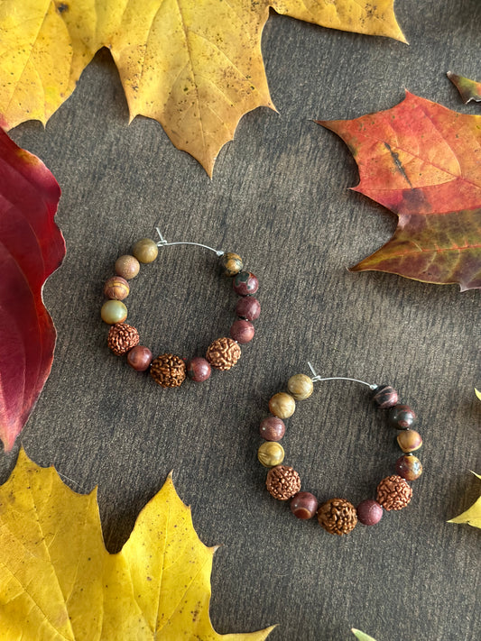 Red Creek Jasper & Rudraksha Seed Hoops