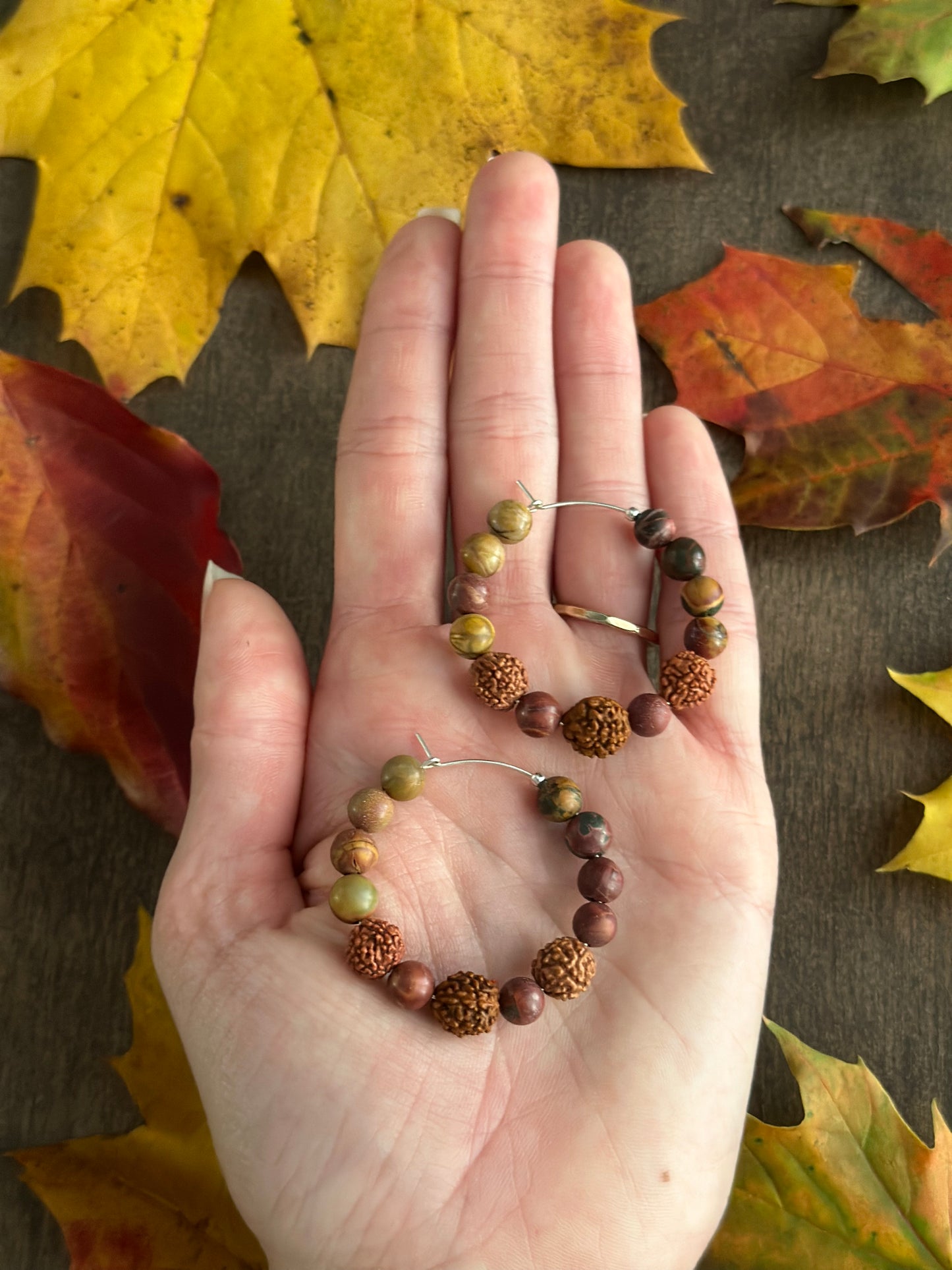 Red Creek Jasper & Rudraksha Seed Hoops