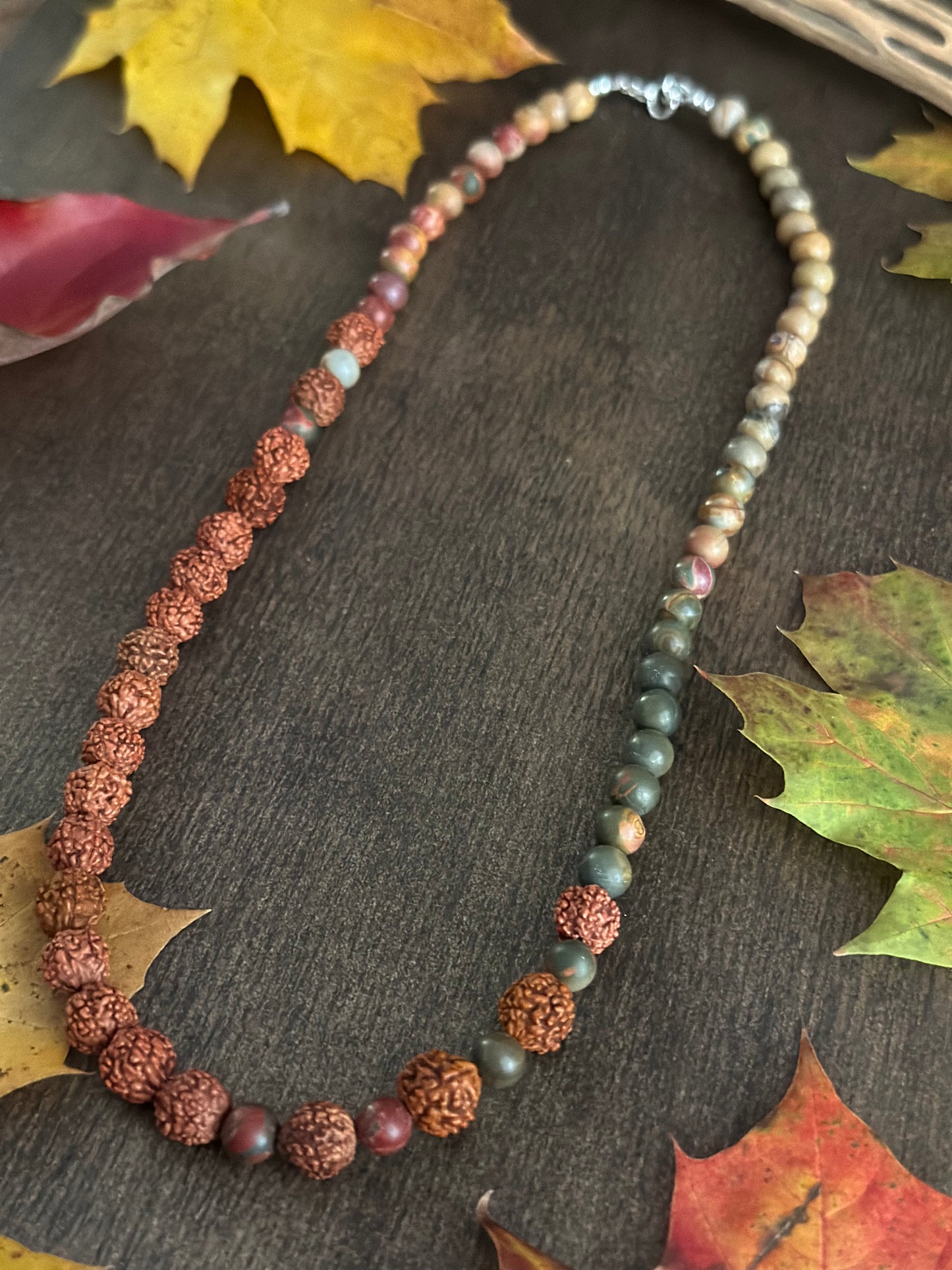 Red Creek Jasper & Rudraksha Seed Necklace