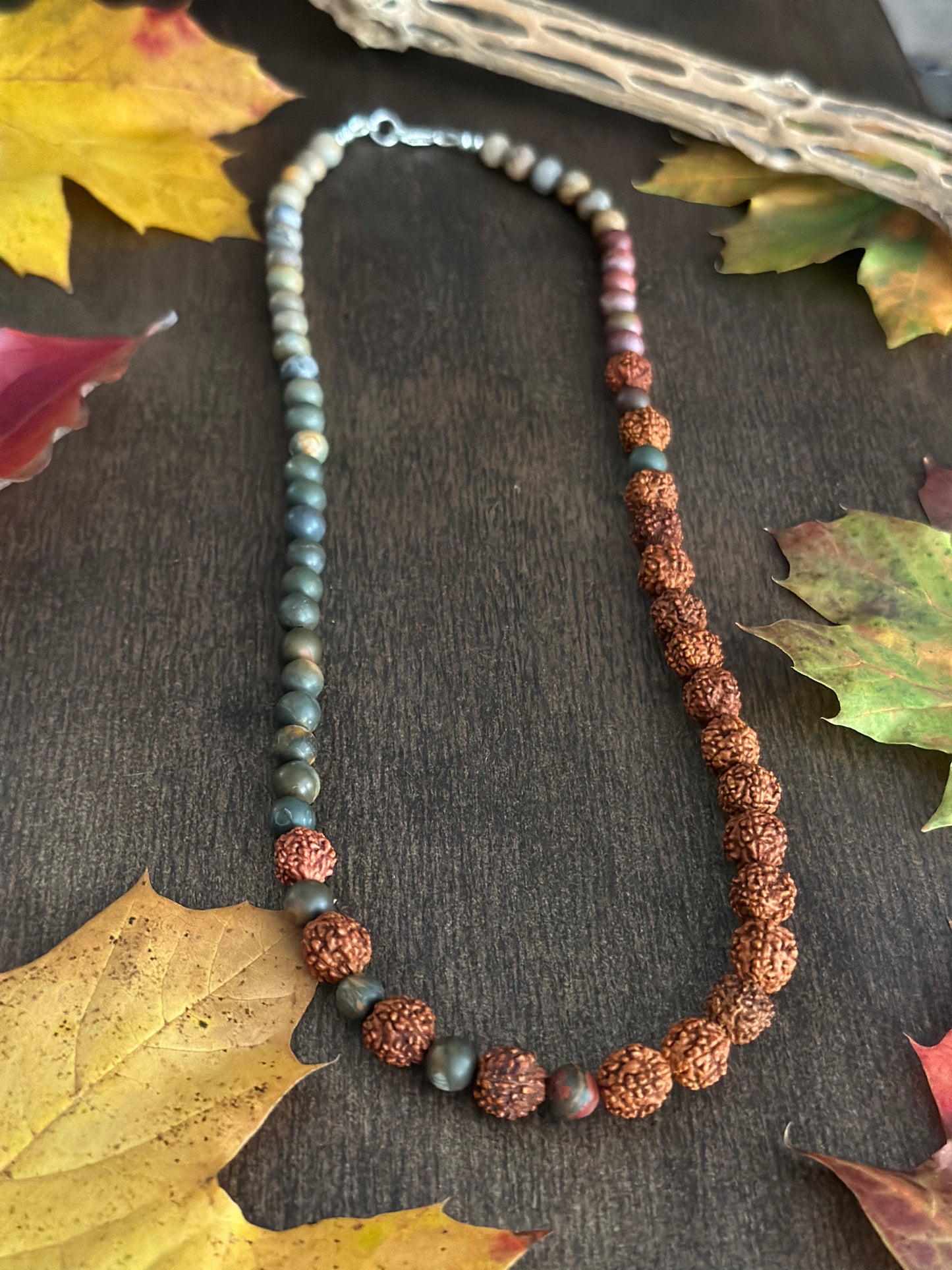 Red Creek Jasper & Rudraksha Seed Necklace