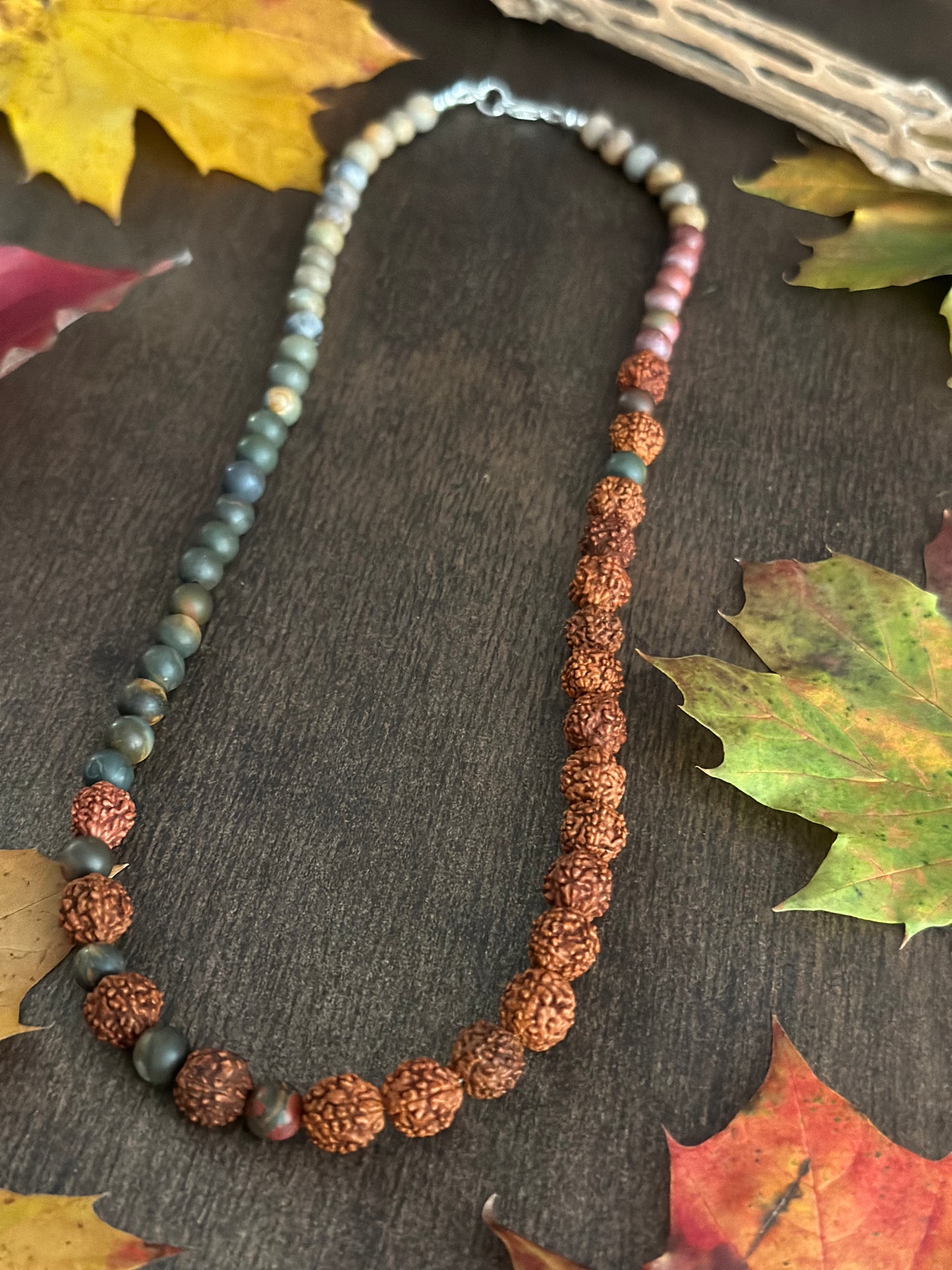 Red Creek Jasper & Rudraksha Seed Necklace