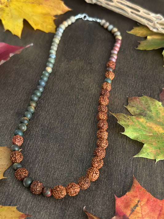 Red Creek Jasper & Rudraksha Seed Necklace