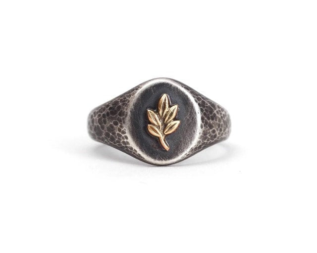 Yellow Gold Leaf Signet Ring - Size 6