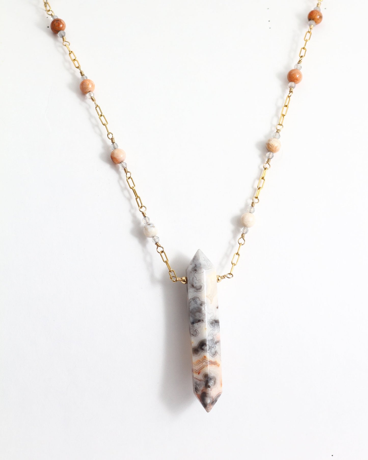 Crazy Lace Agate, Fossil Coral, & Labradorite Necklace