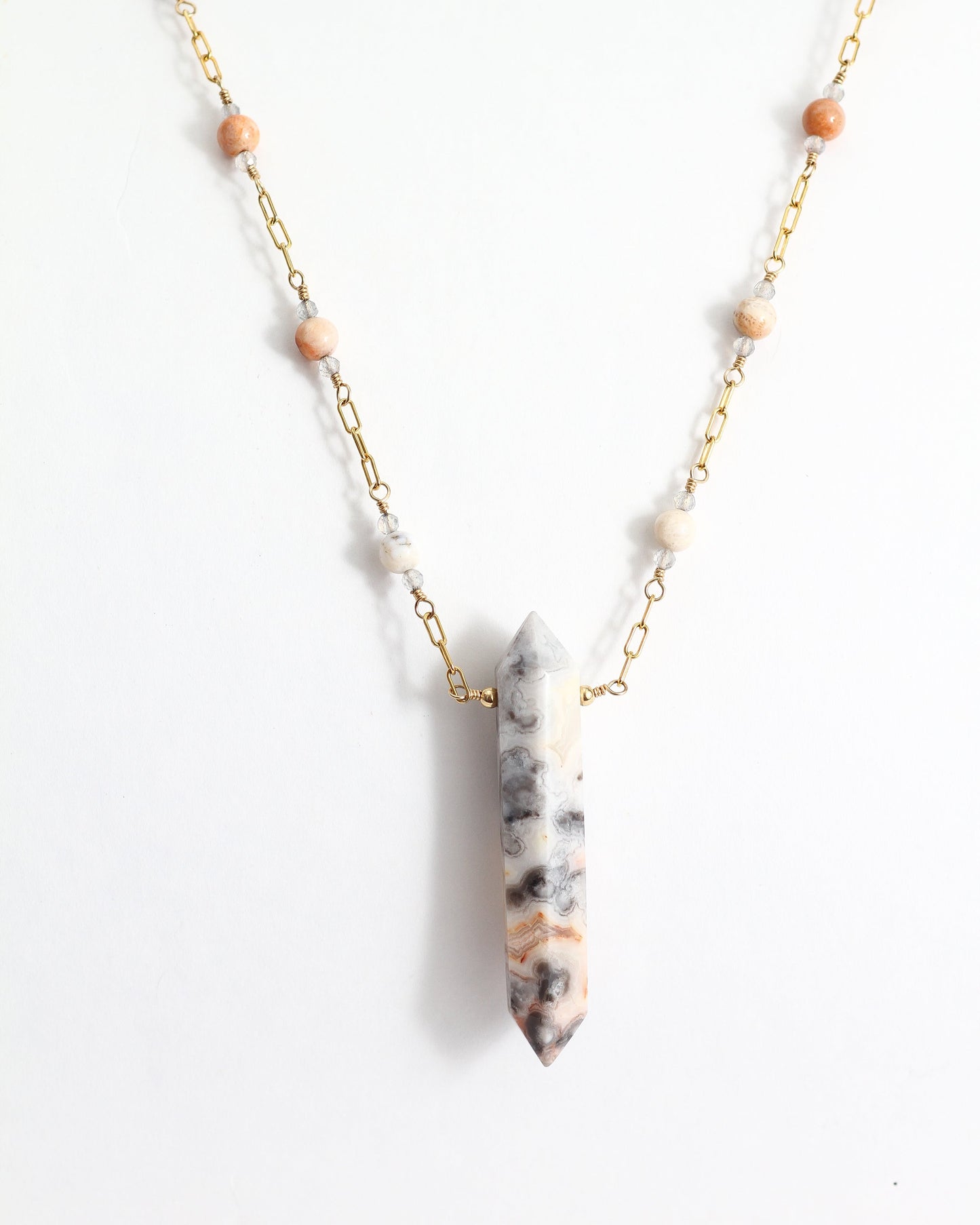 Crazy Lace Agate, Fossil Coral, & Labradorite Necklace