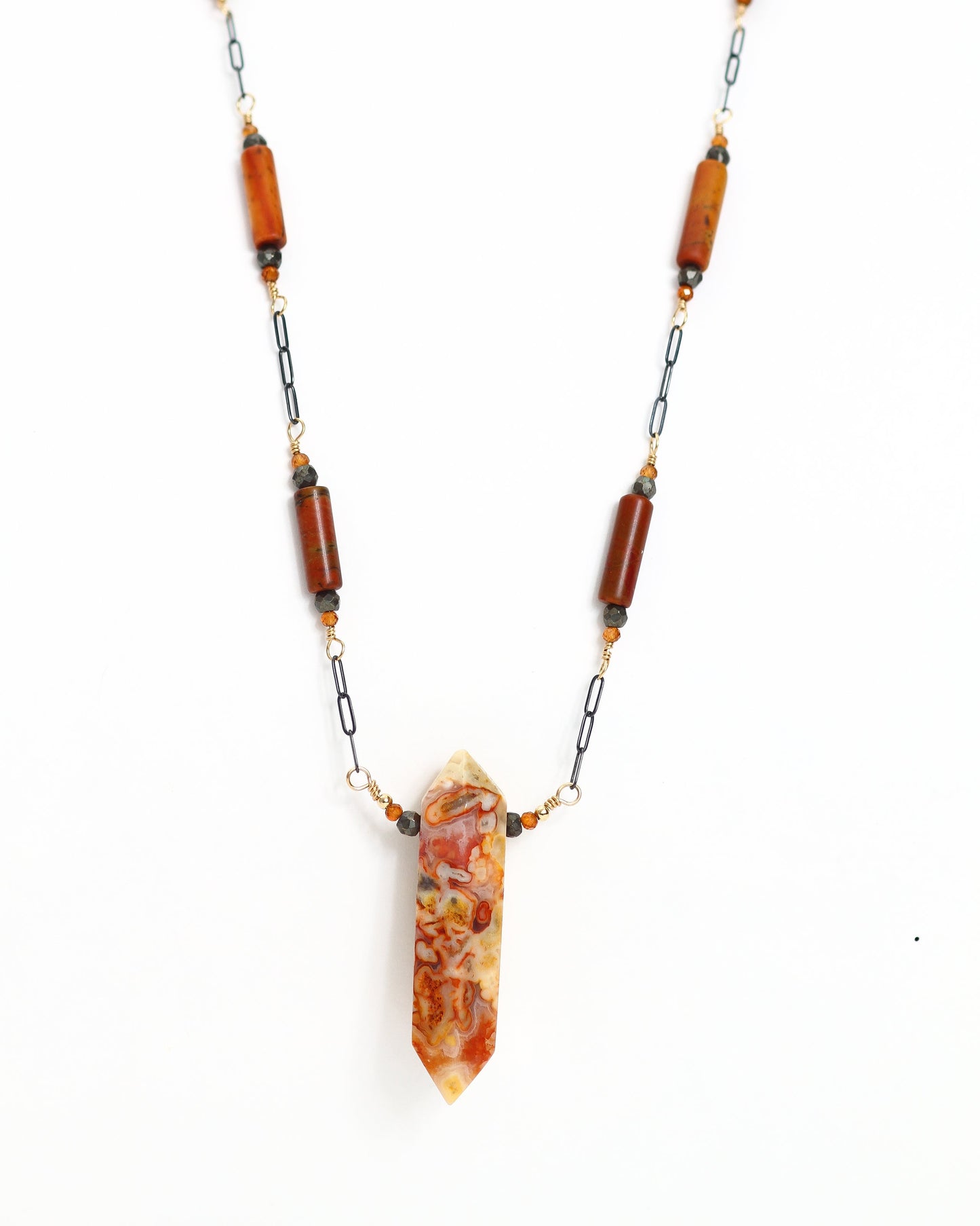 Crazy Lace Agate, Picasso Jasper, Pyrite, Garnet Necklace