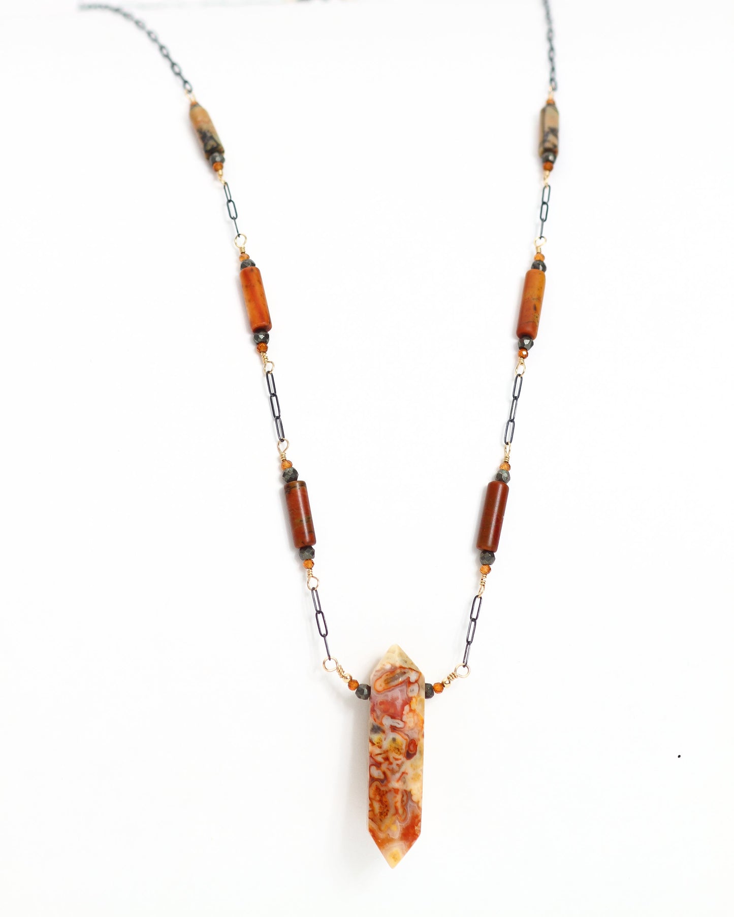 Crazy Lace Agate, Picasso Jasper, Pyrite, Garnet Necklace