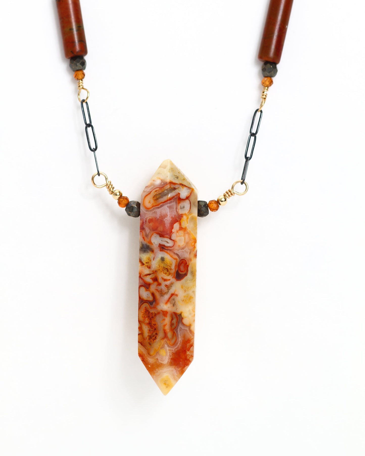 Crazy Lace Agate, Picasso Jasper, Pyrite, Garnet Necklace