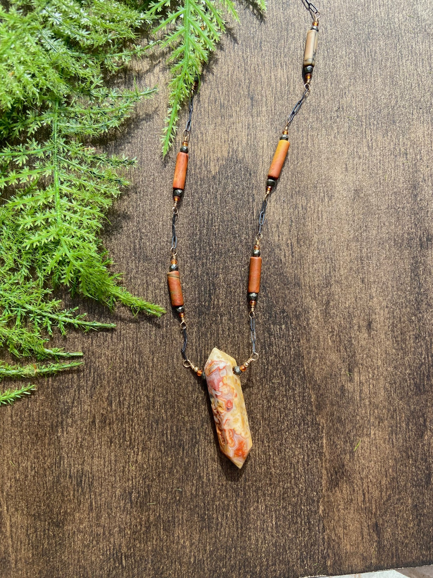 Crazy Lace Agate, Picasso Jasper, Pyrite, Garnet Necklace