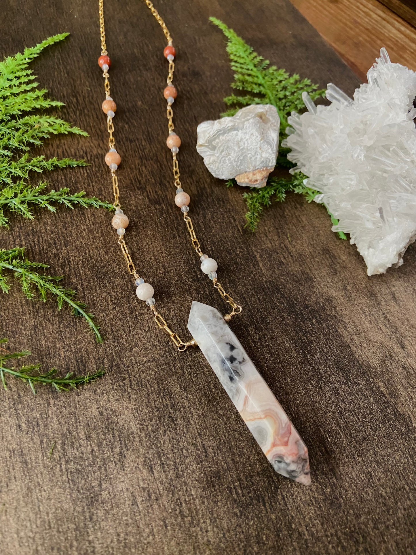 Crazy Lace Agate, Fossil Coral, & Labradorite Necklace