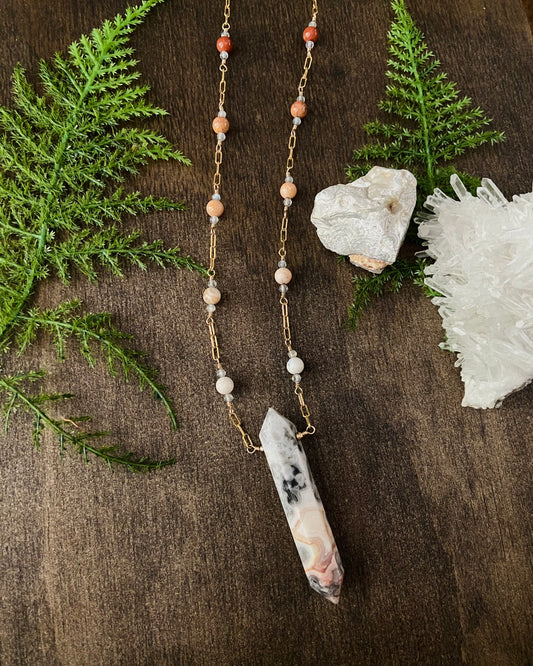 Crazy Lace Agate, Fossil Coral, & Labradorite Necklace